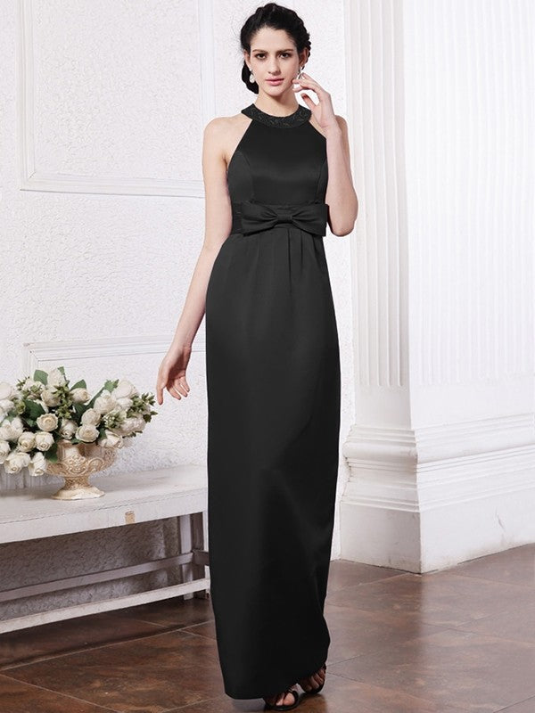 Sheath/Column Scoop Sleeveless Beading Bowknot Long Elastic Woven Satin Bridesmaid Dresses CICIP0005506