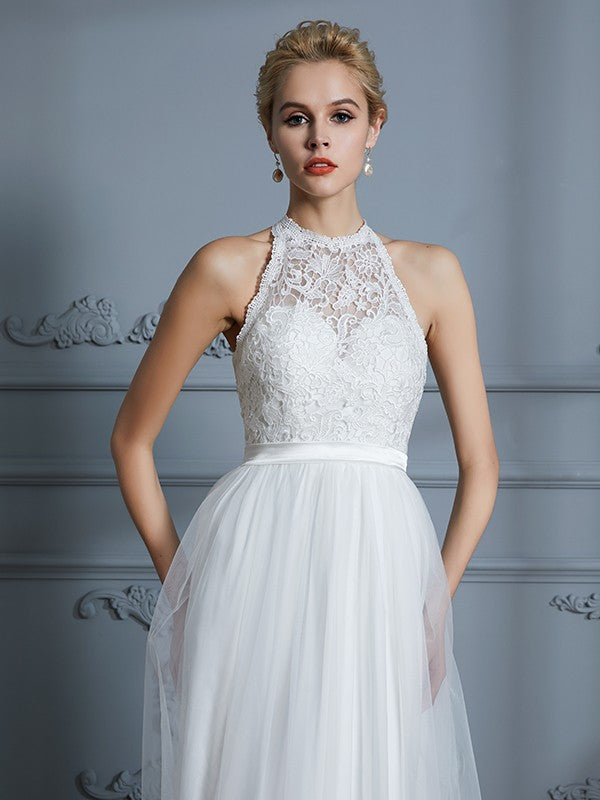 A-Line/Princess Scoop Sleeveless Tulle Floor-Length Wedding Dresses CICIP0006513