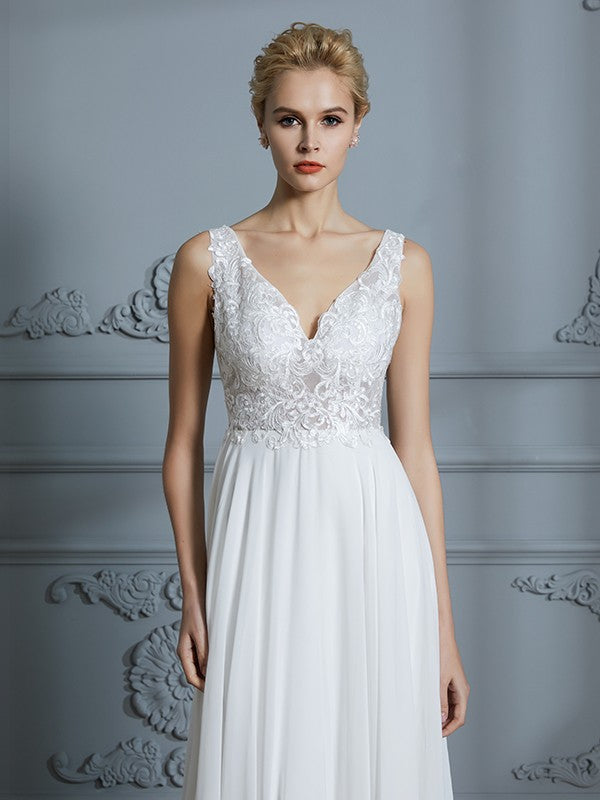 A-Line/Princess Sleeveless V-neck Sweep/Brush Train Chiffon Wedding Dresses CICIP0006388