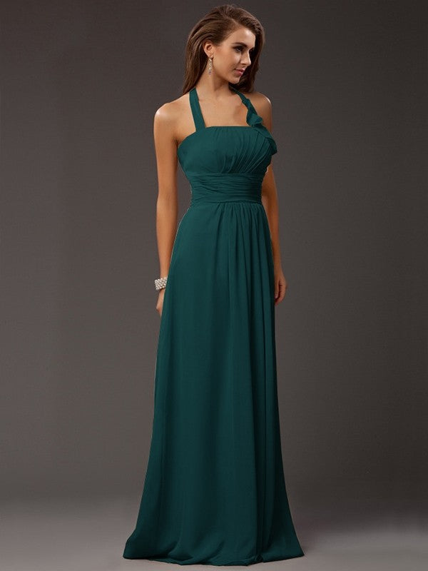 Sheath/Column Halter Sleeveless Ruffles Long Chiffon Bridesmaid Dresses CICIP0005366