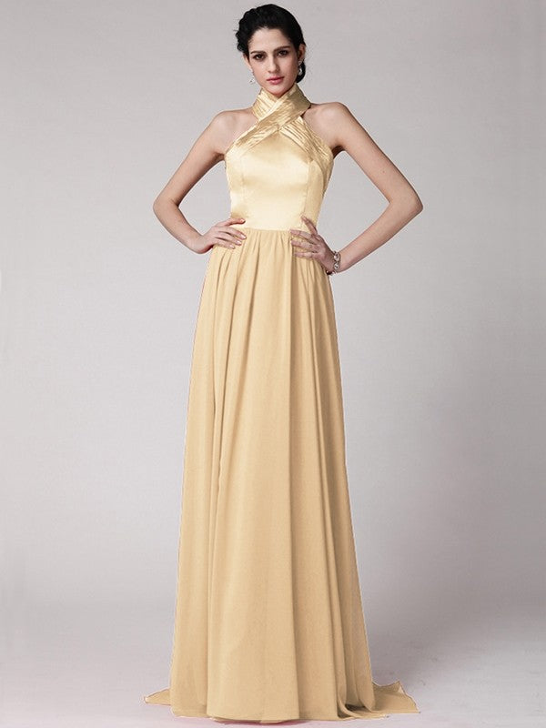 Sheath/Column Halter Sleeveless Pleats Long Elastic Woven Satin Chiffon Bridesmaid Dresses CICIP0005653