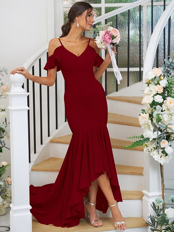 Trumpet/Mermaid Jersey Ruffles V-neck Sleeveless Asymmetrical Bridesmaid Dresses CICIP0004937