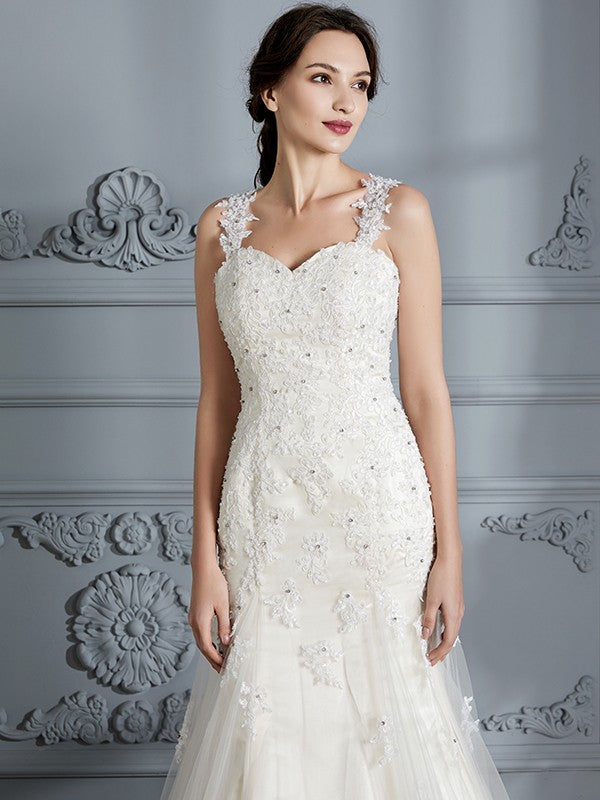 Trumpet/Mermaid Sweetheart Sleeveless Lace Court Train Wedding Dresses CICIP0006495