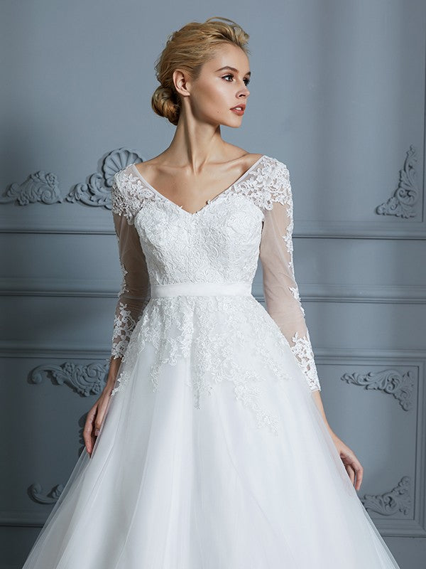 Ball Gown V-neck Long Sleeves Court Train Lace Tulle Wedding Dresses CICIP0006228