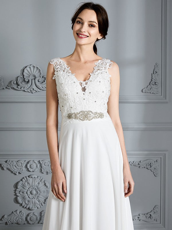 A-Line/Princess Sleeveless V-neck Sweep/Brush Train Chiffon Wedding Dresses CICIP0006487