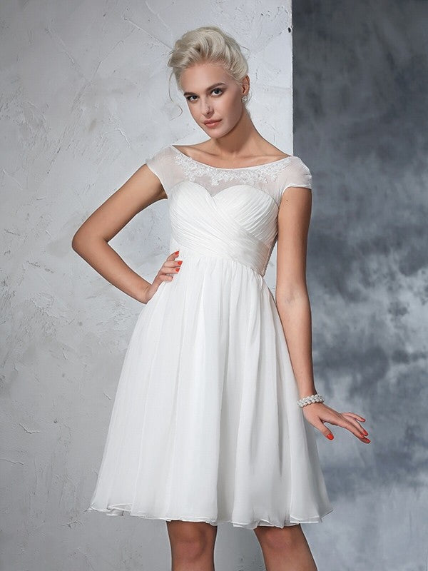 A-Line/Princess Sheer Neck Ruched Short Sleeves Short Chiffon Wedding Dresses CICIP0006652