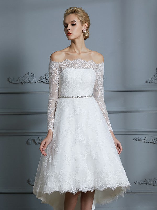 A-Line/Princess Long Sleeves Off-the-Shoulder Asymmetrical Lace Wedding Dresses CICIP0006338