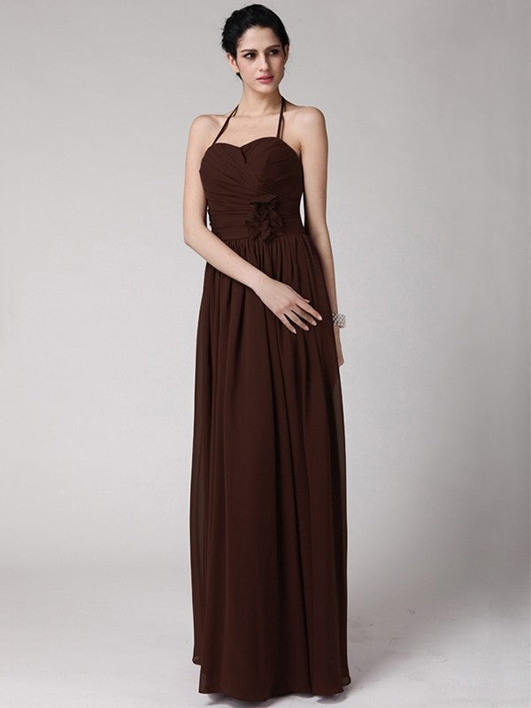 Sheath/Column Halter Sleeveless Hand-Made Flower Long Chiffon Bridesmaid Dresses CICIP0005817