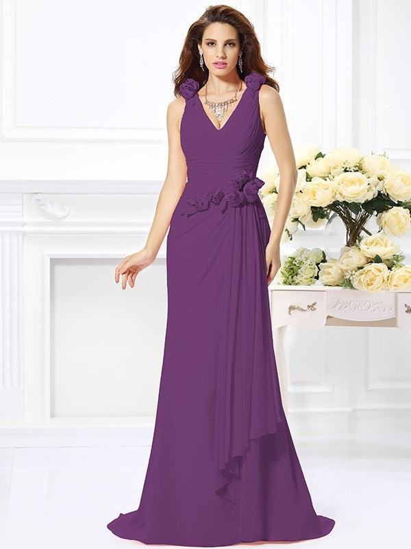 Trumpet/Mermaid V-neck Hand-Made Flower Sleeveless Long Chiffon Bridesmaid Dresses CICIP0005122