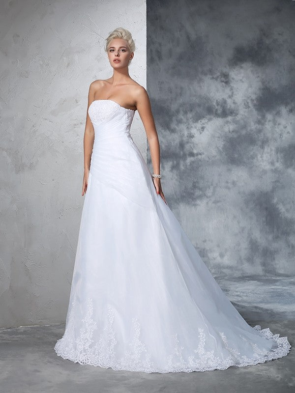 Ball Gown Strapless Applique Sleeveless Long Net Wedding Dresses CICIP0006792