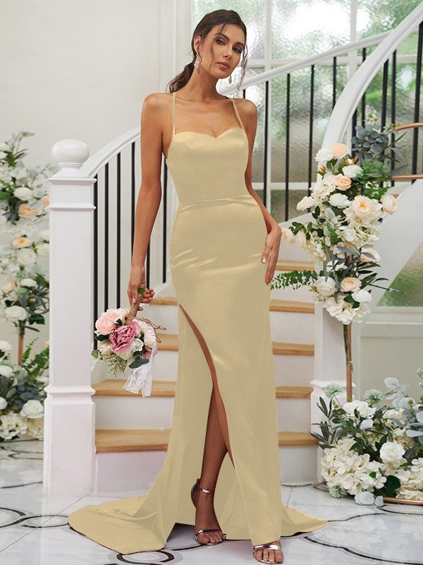 Sheath/Column Elastic Woven Satin Ruched Square Sleeveless Sweep/Brush Train Bridesmaid Dresses CICIP0004933