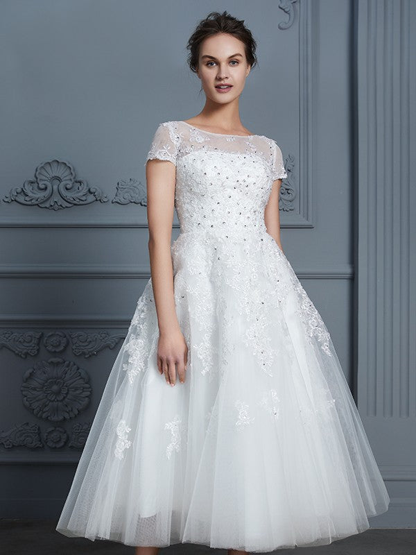 A-Line/Princess Scoop Short Sleeves Tea-Length Beading Tulle Wedding Dresses CICIP0006474