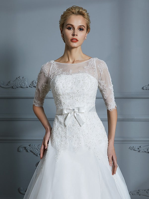 A-Line/Princess 1/2 Sleeves Scoop Lace Court Train Tulle Wedding Dresses CICIP0006509