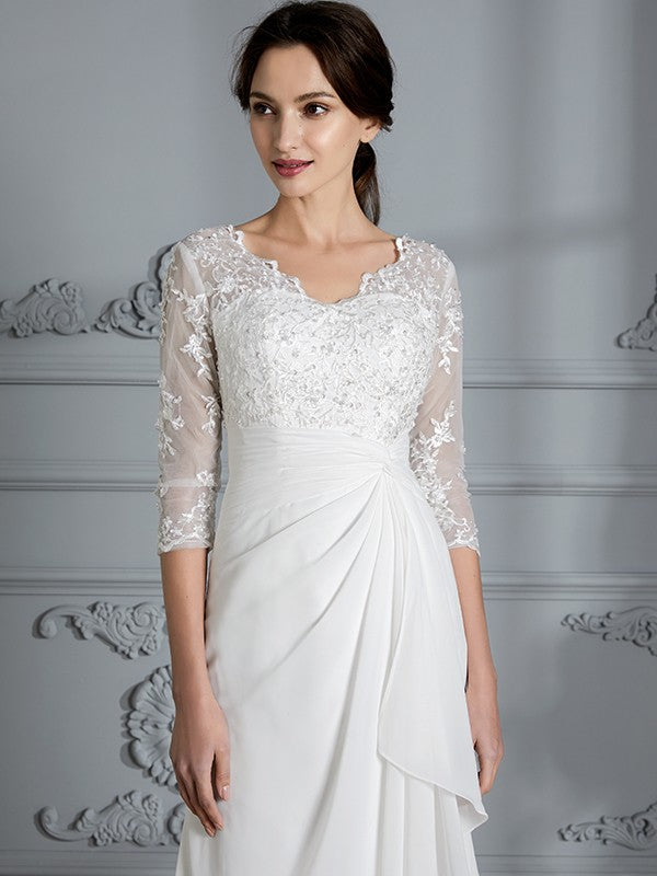 Sheath/Column V-neck 3/4 Sleeves Chiffon Floor-Length Wedding Dresses CICIP0006363