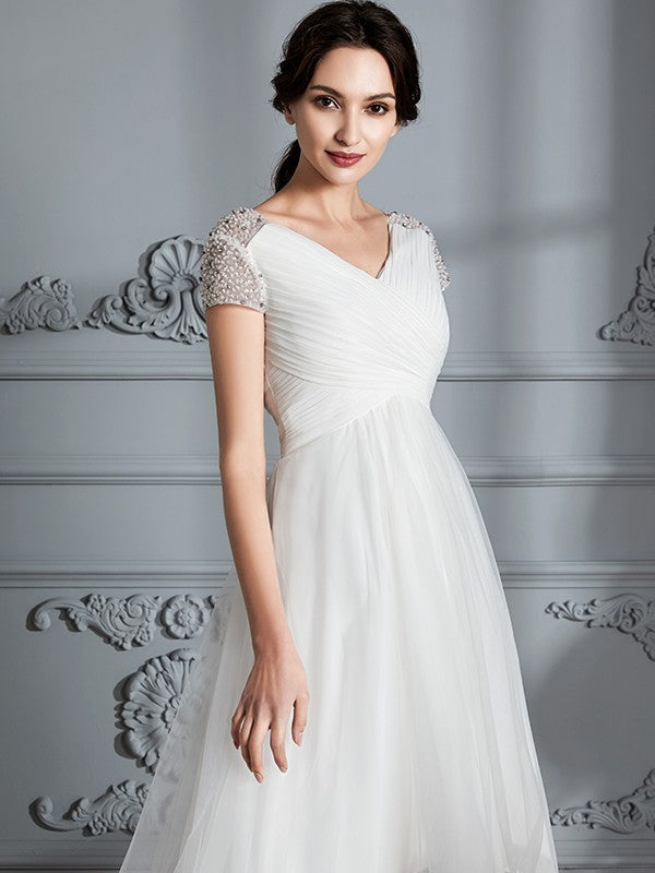 A-Line/Princess V-neck Short Sleeves Asymmetrical Tulle Wedding Dresses CICIP0006307