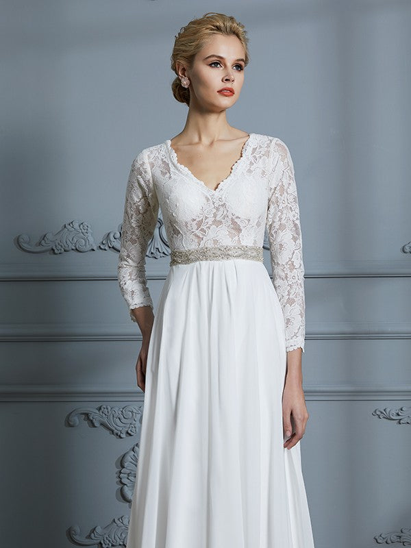 A-Line/Princess 3/4 Sleeves V-neck Lace Sweep/Brush Train Chiffon Wedding Dresses CICIP0006390