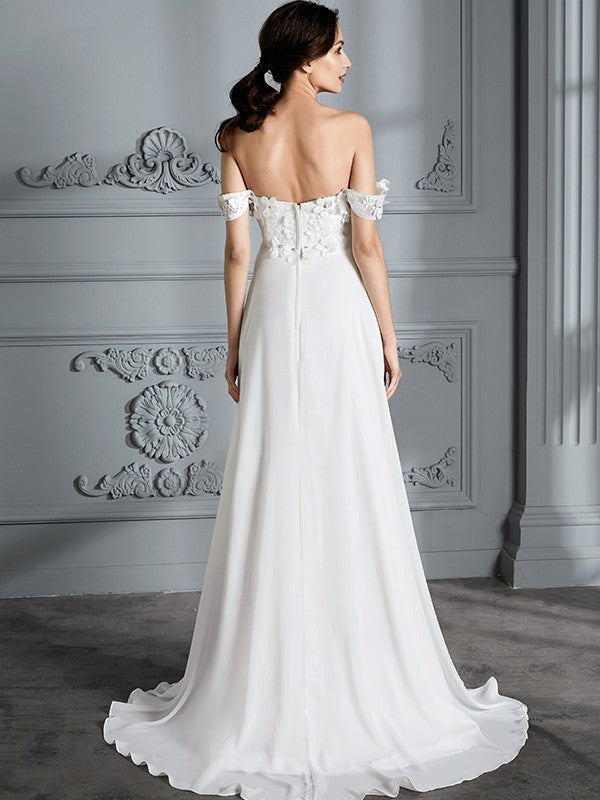 A-Line/Princess Off-the-Shoulder Sleeveless Chiffon Sweep/Brush Train Wedding Dresses CICIP0006370