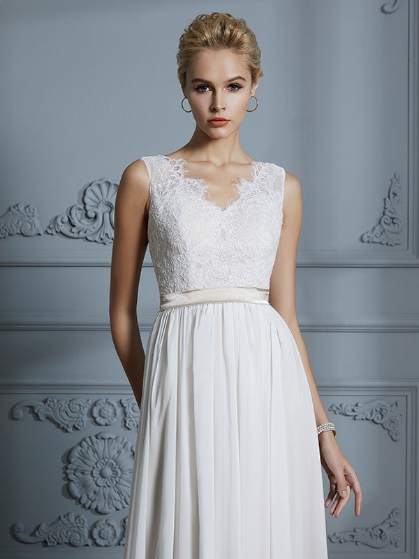 A-Line/Princess Sleeveless V-neck Chiffon Court Train Wedding Dresses CICIP0006288