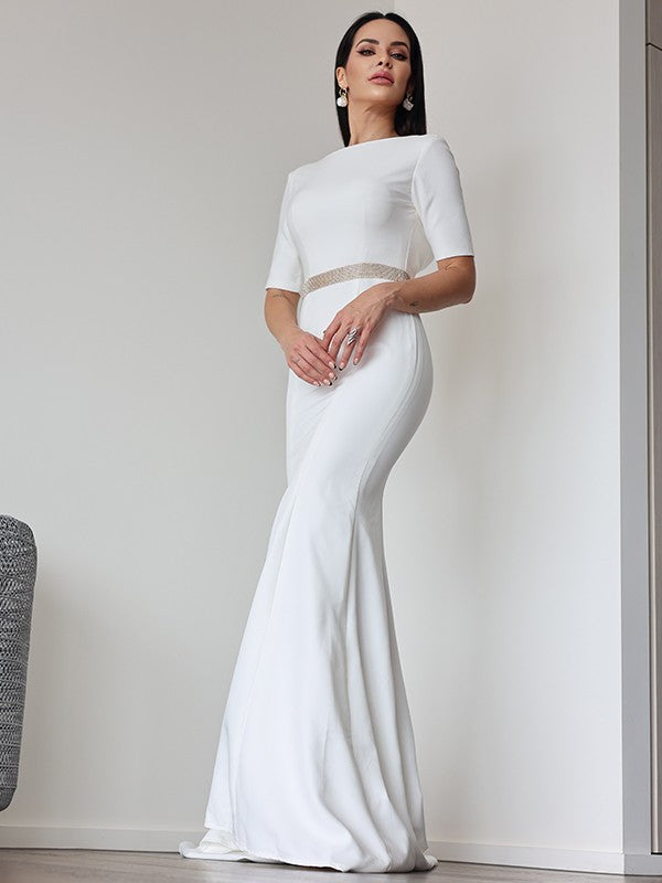 Sheath/Column Stretch Crepe Ruched Scoop 1/2 Sleeves Sweep/Brush Train Wedding Dresses CICIP0007027