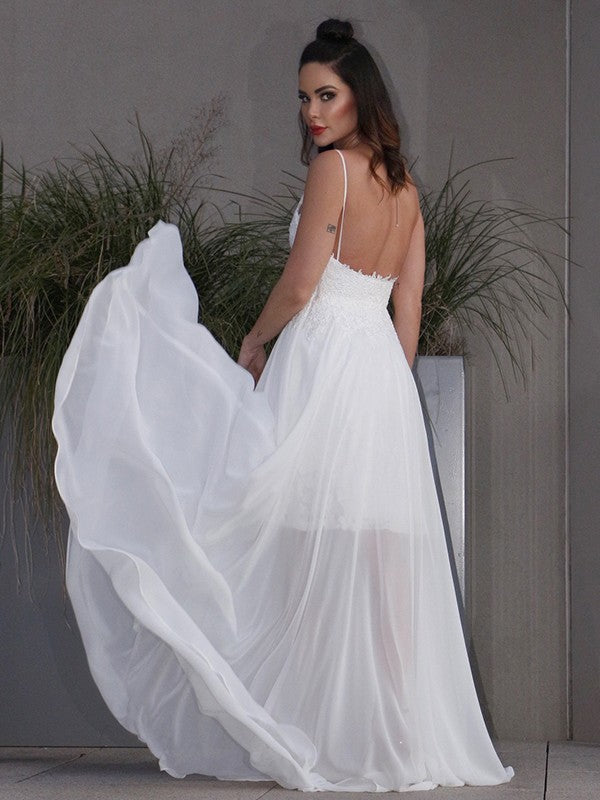 A-Line/Princess Applique Chiffon V-neck Sleeveless Sweep/Brush Train Wedding Dresses CICIP0006445