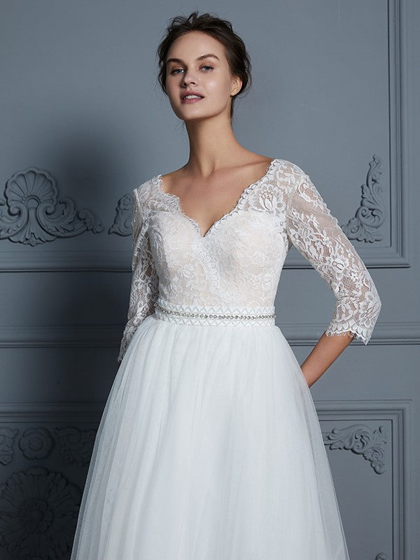 A-Line/Princess V-neck 3/4 Sleeves Floor-Length Lace Tulle Wedding Dresses CICIP0006306