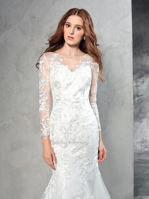 Sheath/Column Sheer Neck Lace Long Sleeves Long Net Wedding Dresses CICIP0006518