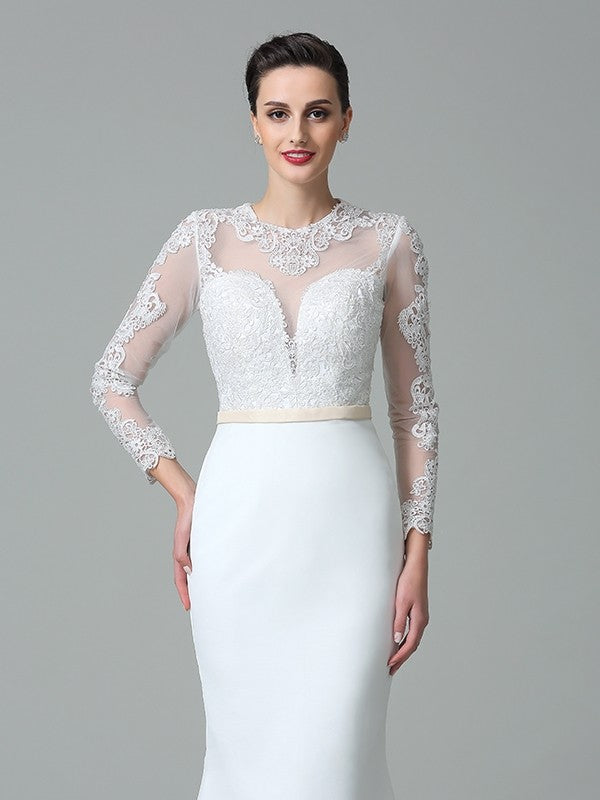 Trumpet/Mermaid Jewel Lace Long Sleeves Long Satin Wedding Dresses CICIP0006249