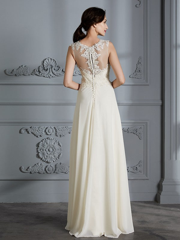 A-Line/Princess Scoop Chiffon Sleeveless Floor-Length Wedding Dresses CICIP0006190