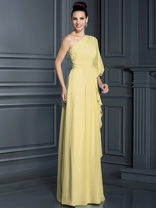 Sheath/Column One-Shoulder 3/4 Sleeves Long Chiffon Bridesmaid Dresses CICIP0005047