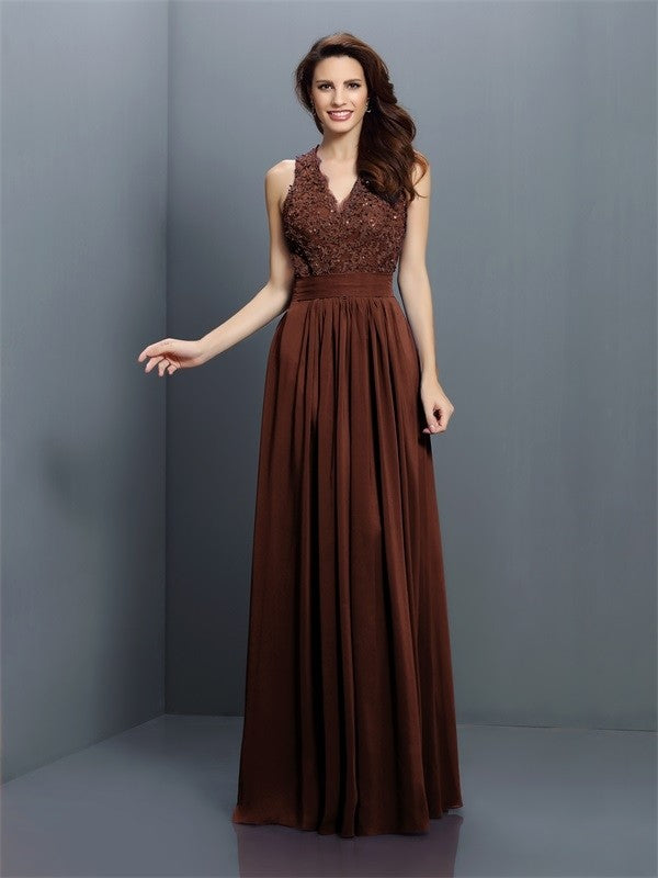 A-Line/Princess V-neck Applique Sleeveless Long Chiffon Bridesmaid Dresses CICIP0005255