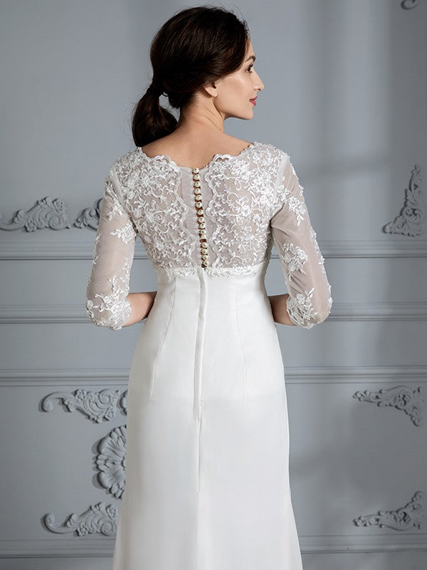 Sheath/Column V-neck 3/4 Sleeves Chiffon Floor-Length Wedding Dresses CICIP0006363