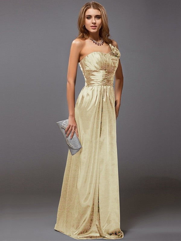 Sheath/Column One-Shoulder Sleeveless Ruffles Long Satin Bridesmaid Dresses CICIP0005611