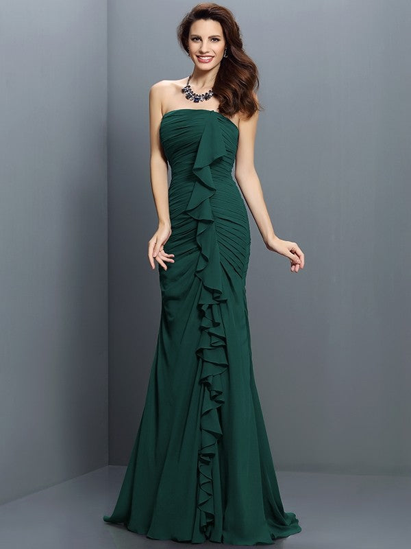 Trumpet/Mermaid Strapless Pleats Sleeveless Long Chiffon Bridesmaid Dresses CICIP0005428