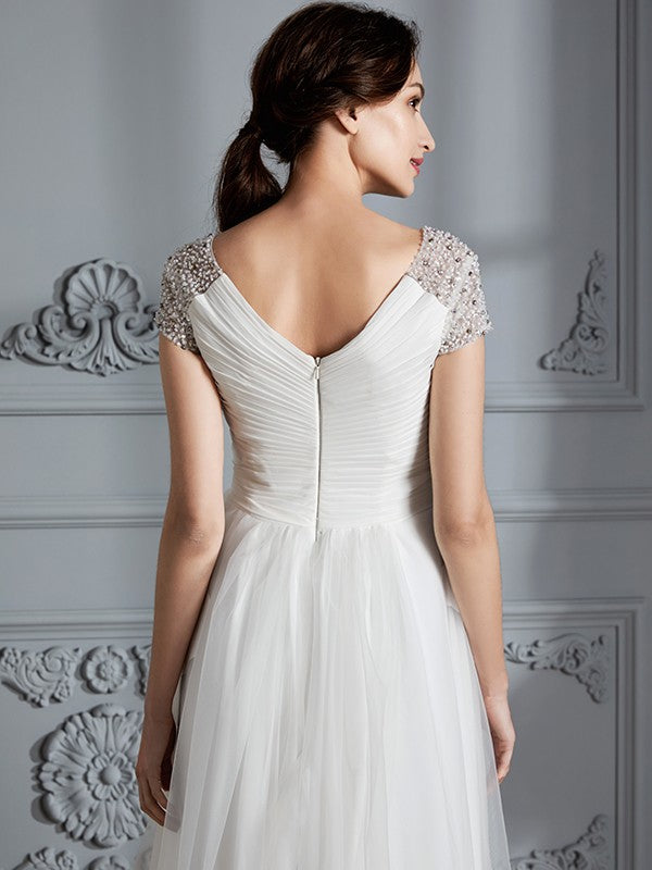 A-Line/Princess V-neck Short Sleeves Asymmetrical Tulle Wedding Dresses CICIP0006307