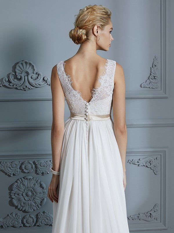 A-Line/Princess Sleeveless V-neck Chiffon Court Train Wedding Dresses CICIP0006288