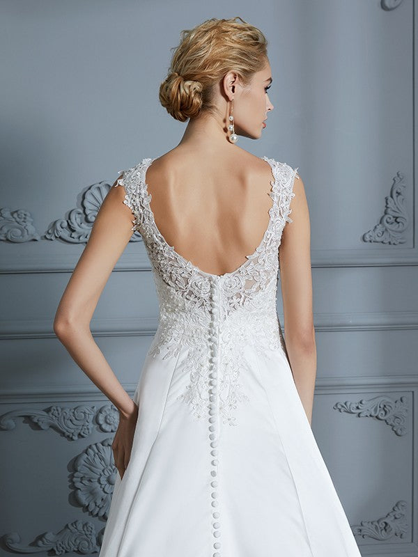 A-Line/Princess V-neck Sweep/Brush Train Sleeveless Applique Satin Wedding Dresses CICIP0006626