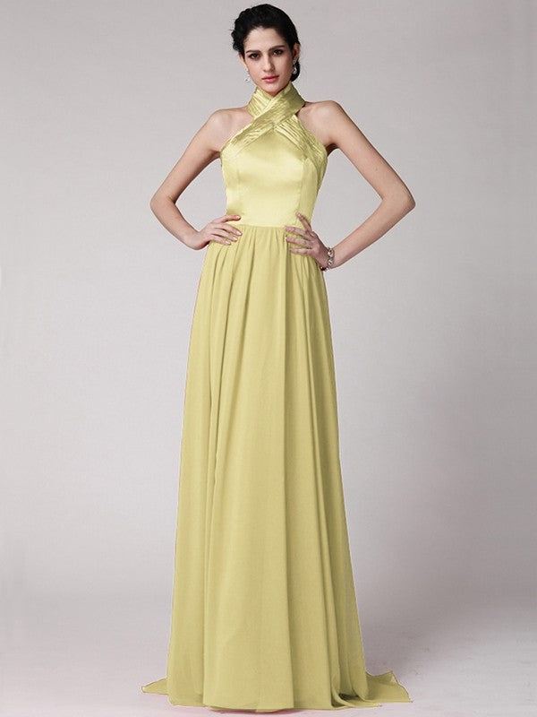 Sheath/Column Halter Sleeveless Pleats Long Elastic Woven Satin Chiffon Bridesmaid Dresses CICIP0005653