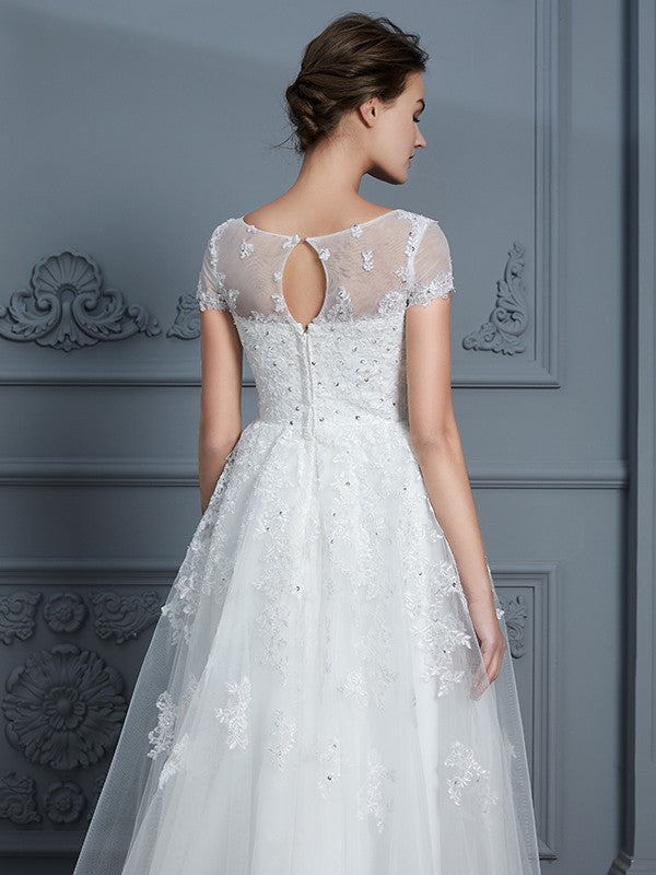 A-Line/Princess Scoop Short Sleeves Tea-Length Beading Tulle Wedding Dresses CICIP0006474