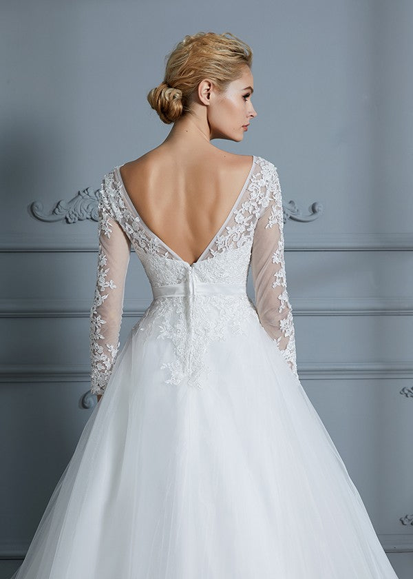 Ball Gown V-neck Long Sleeves Court Train Lace Tulle Wedding Dresses CICIP0006228