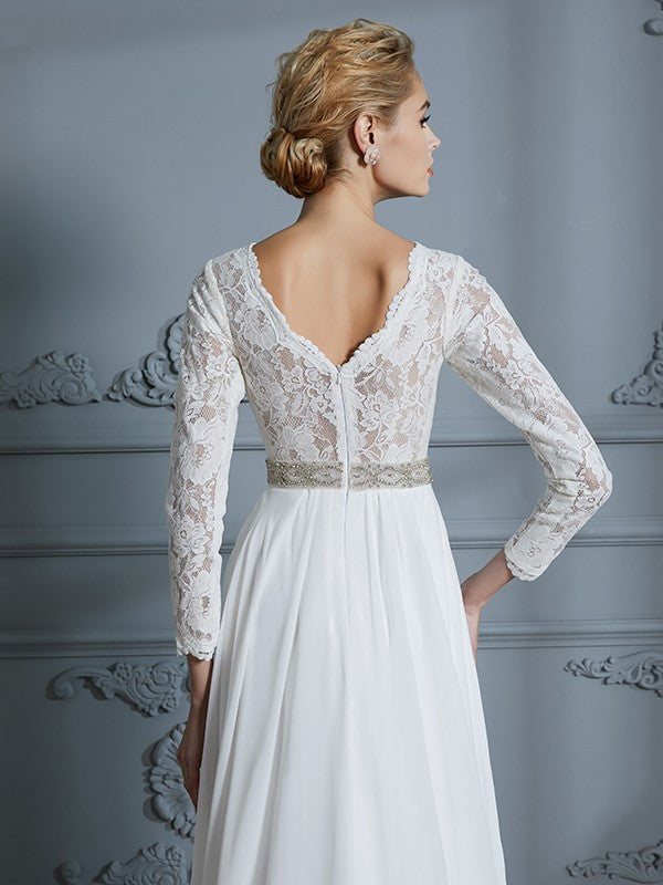 A-Line/Princess 3/4 Sleeves V-neck Lace Sweep/Brush Train Chiffon Wedding Dresses CICIP0006390