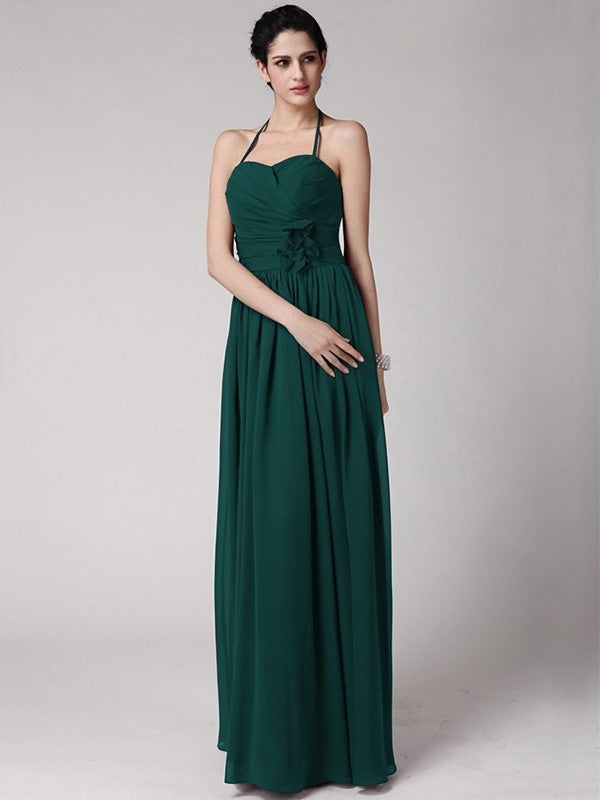 Sheath/Column Halter Sleeveless Hand-Made Flower Long Chiffon Bridesmaid Dresses CICIP0005817