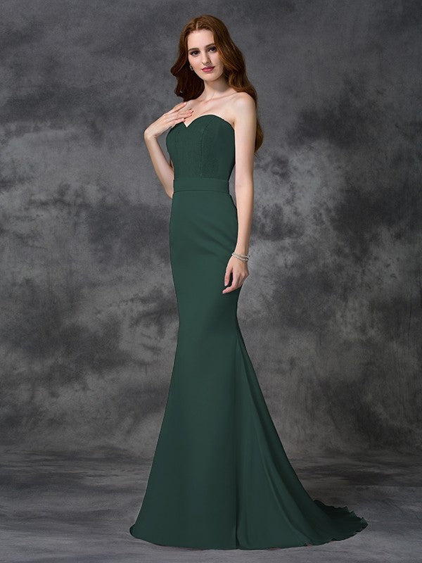 Trumpet/Mermaid Sweetheart Beading Sleeveless Long Satin Chiffon Bridesmaid Dresses CICIP0005321