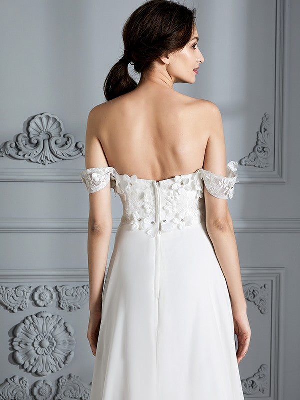 A-Line/Princess Off-the-Shoulder Sleeveless Chiffon Sweep/Brush Train Wedding Dresses CICIP0006370