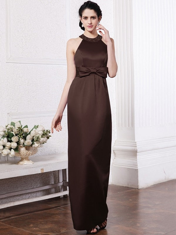 Sheath/Column Scoop Sleeveless Beading Bowknot Long Elastic Woven Satin Bridesmaid Dresses CICIP0005506