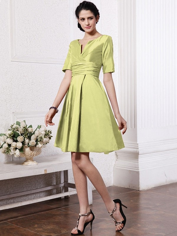 Sheath/Column V-neck Half Sleeves Pleats Taffeta Bridesmaid Dresses CICIP0005658