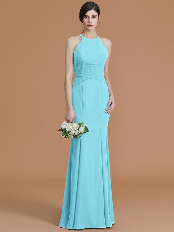 Trumpet/Mermaid Halter Sleeveless Floor-Length Ruched Chiffon Bridesmaid Dresses CICIP0005544