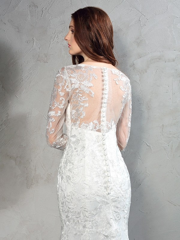 Sheath/Column Sheer Neck Lace Long Sleeves Long Net Wedding Dresses CICIP0006518