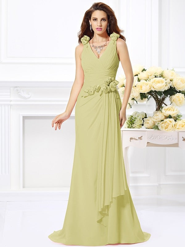 Trumpet/Mermaid V-neck Hand-Made Flower Sleeveless Long Chiffon Bridesmaid Dresses CICIP0005122