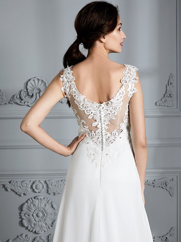 A-Line/Princess Sleeveless V-neck Sweep/Brush Train Chiffon Wedding Dresses CICIP0006487