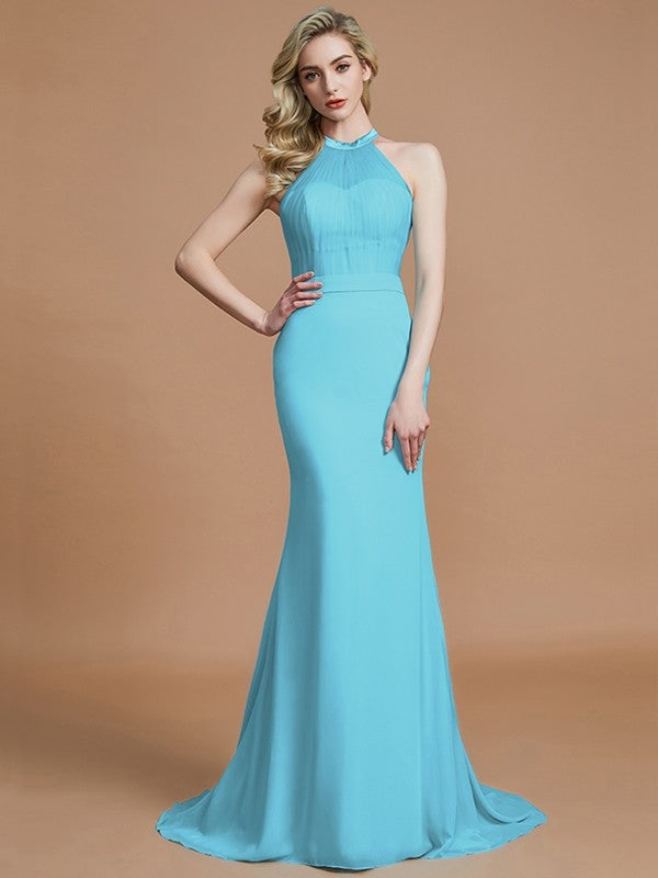 Trumpet/Mermaid Sleeveless Scoop Sweep/Brush Train Chiffon Bridesmaid Dresses CICIP0005142